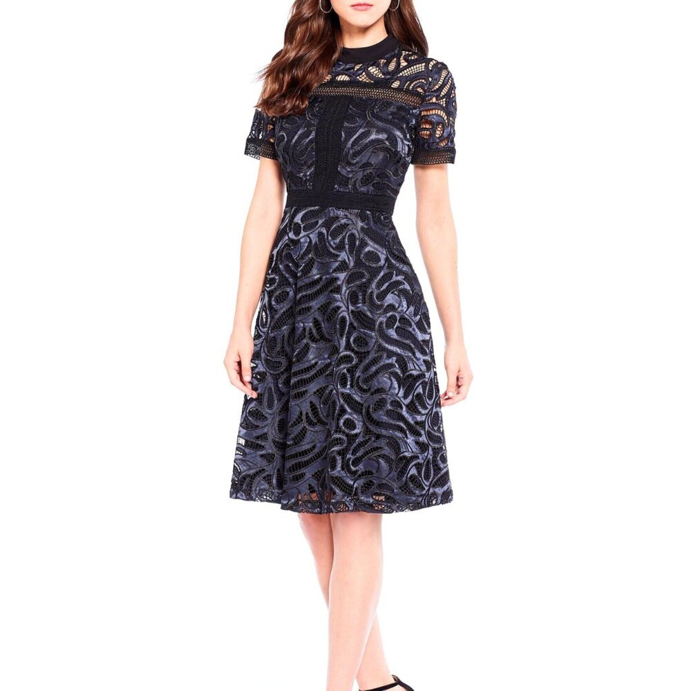ANTONIO MELANI Navy and Black Lace Fit-and-Flare Prom Dress